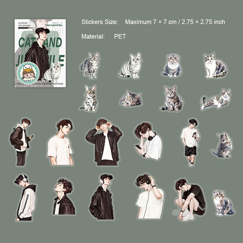 20 Pcs Cat and Boy PET Stickers MYSn