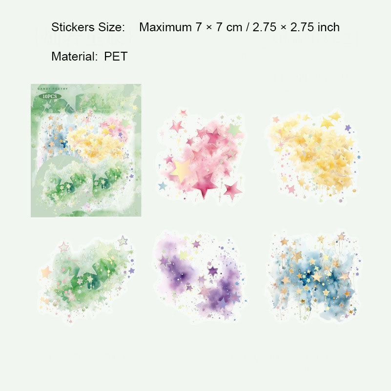 10 Pcs Watercolor Glitter Galexy PET Stickers LGYC