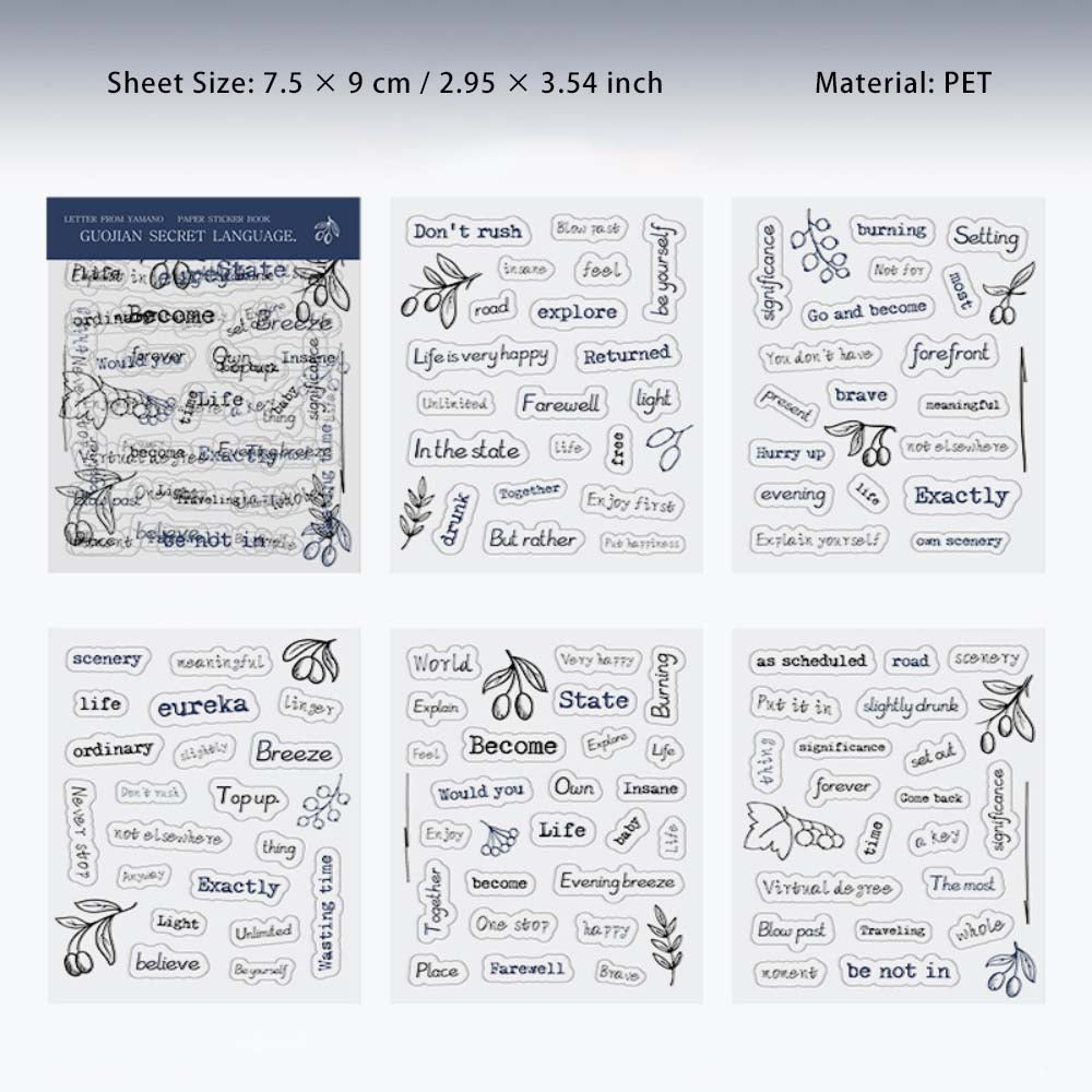 10 Sheet Handwrite Words PET Stickers Book SYSX