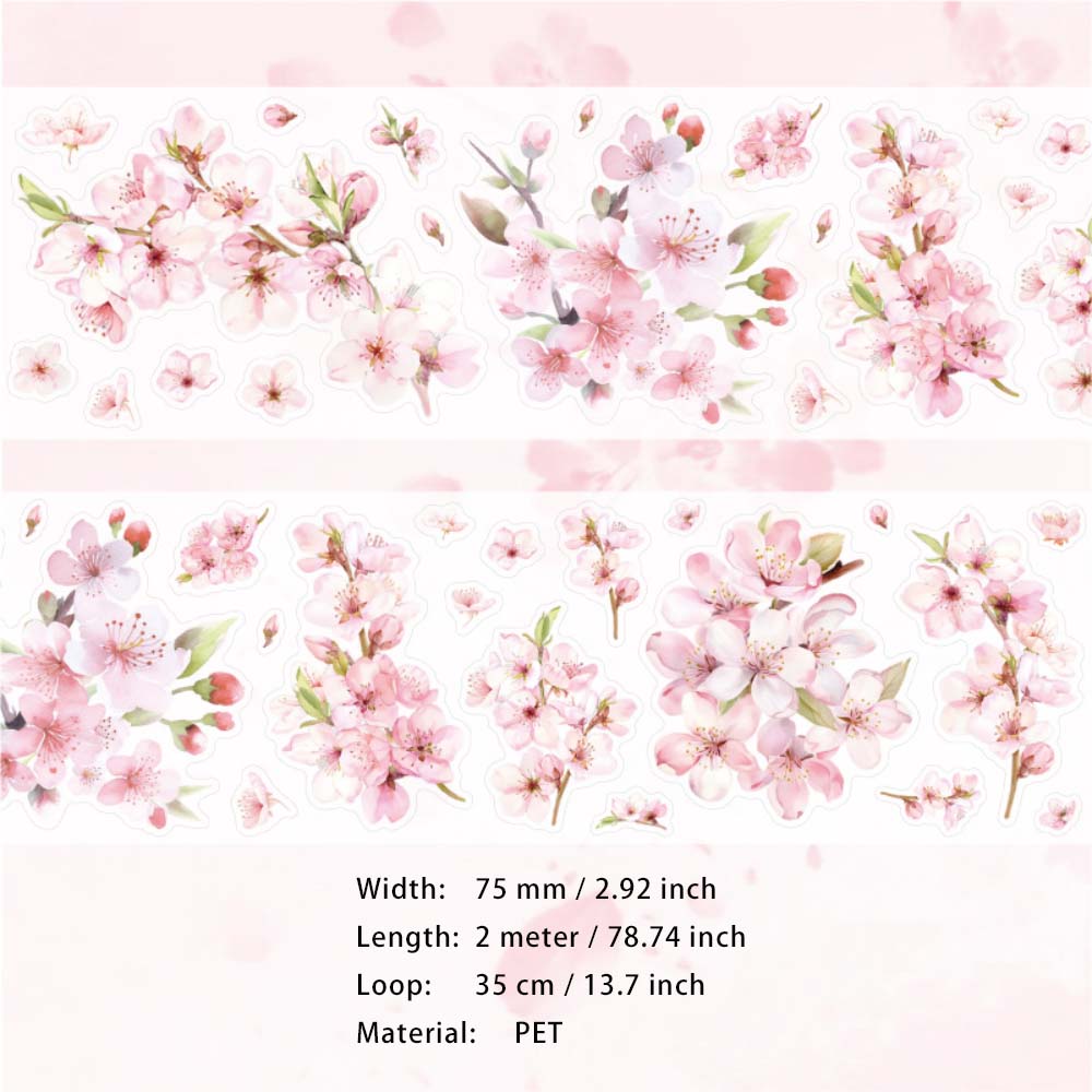 1 Roll Pre-cut Sakura Cheery Blossom PET Stickers Tape XDYJ