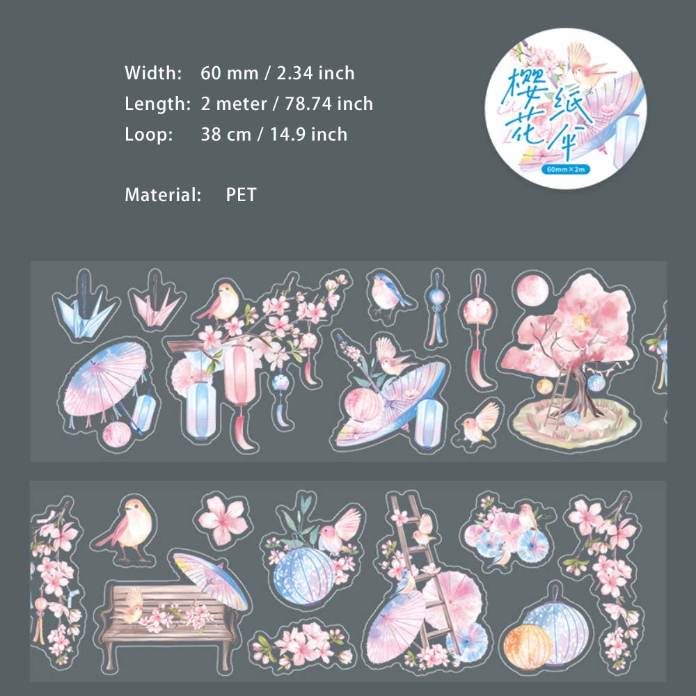 1 Roll Pre-cut Cherry Blossom Theme PET Stickers Tape YHLQ