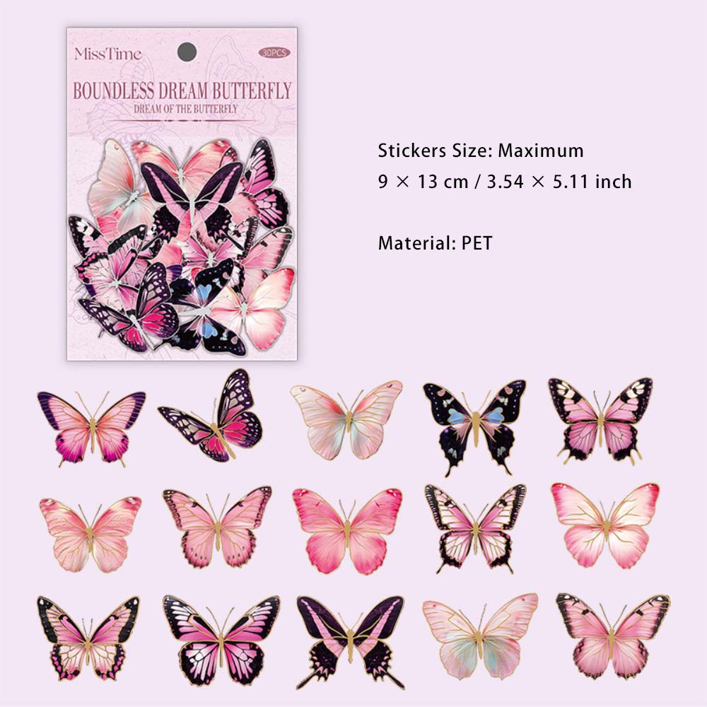 30 Pcs Large Size PET Butterfly Stickers WJMD