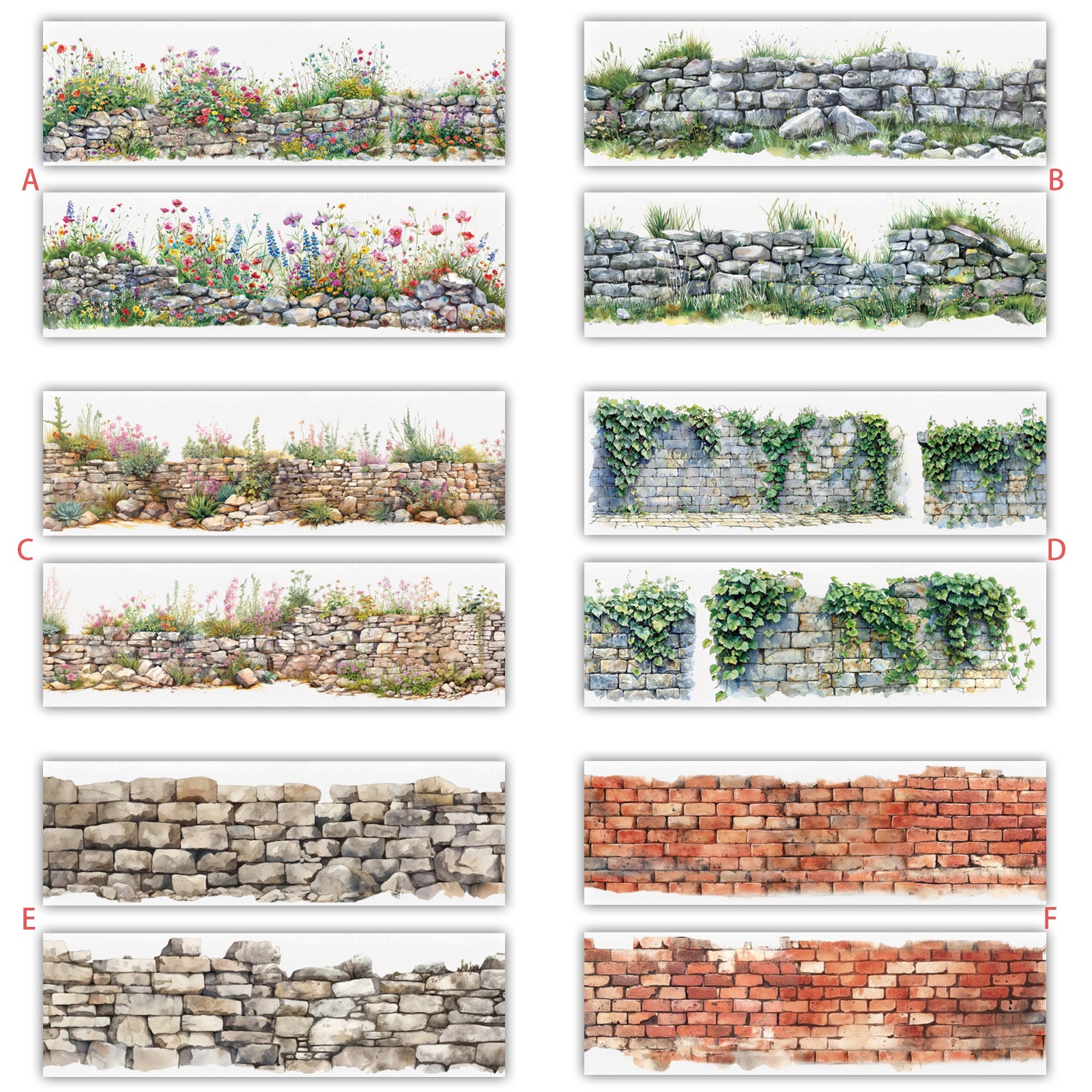 Vintage Watercolor Stone Wall Garden PET Tape