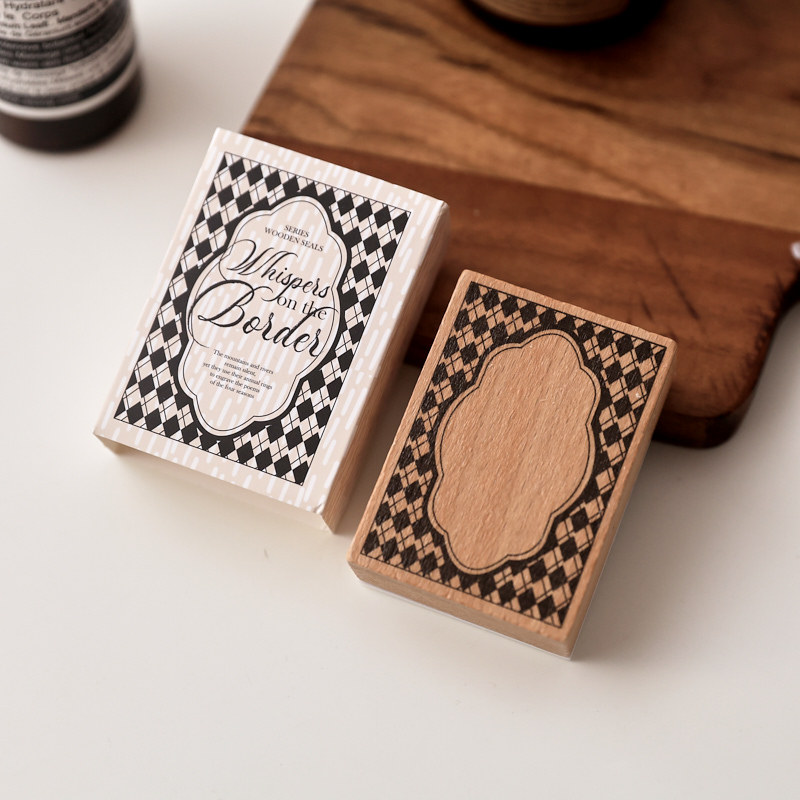 Argyle Label Frame Wooden Stamp with packaging in the original photograph