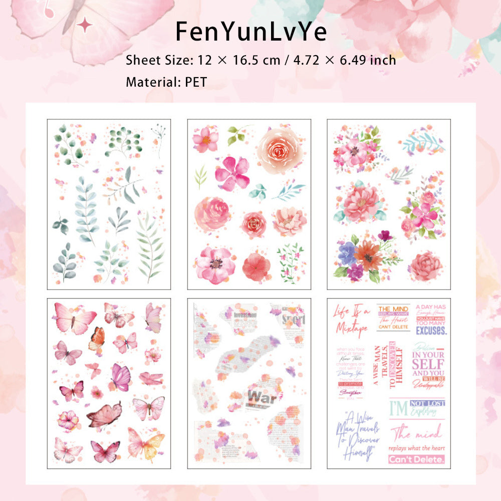 6 Sheets PET Flower and Leaf Stickers HDLY