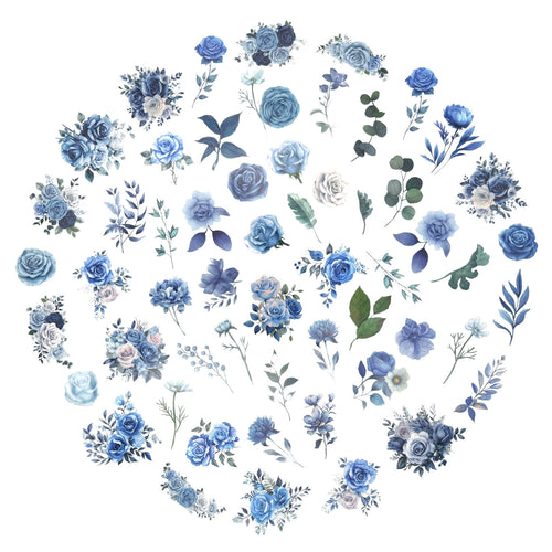 100 Pcs Watercolor Botanical Flowers Stickers - Blue