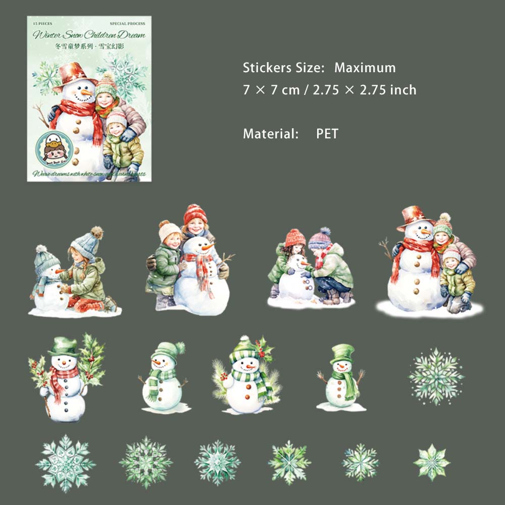 15 Pcs Christmas Snowman Snowflake PET Stickers DXTM