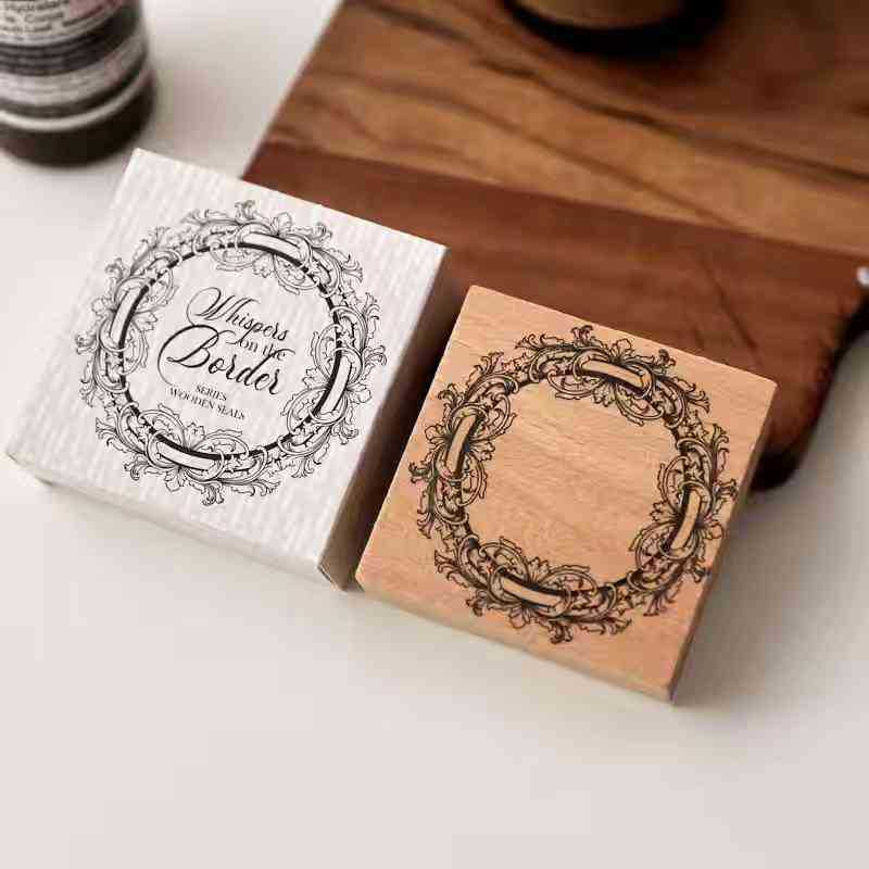 Baroque Round Frame Wooden Stamp with packaging in the original photograph