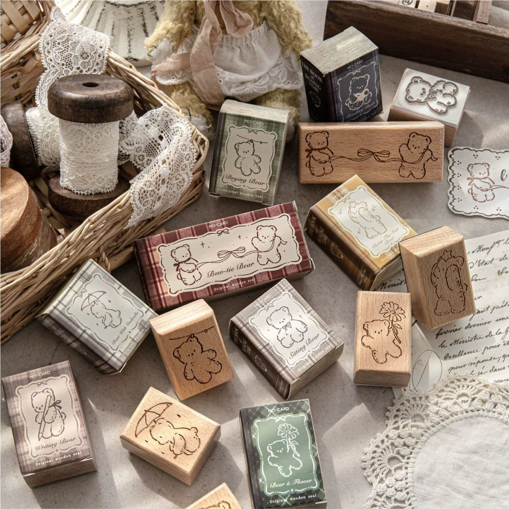 Bear-themed beech wood and rubber stamp collection detail