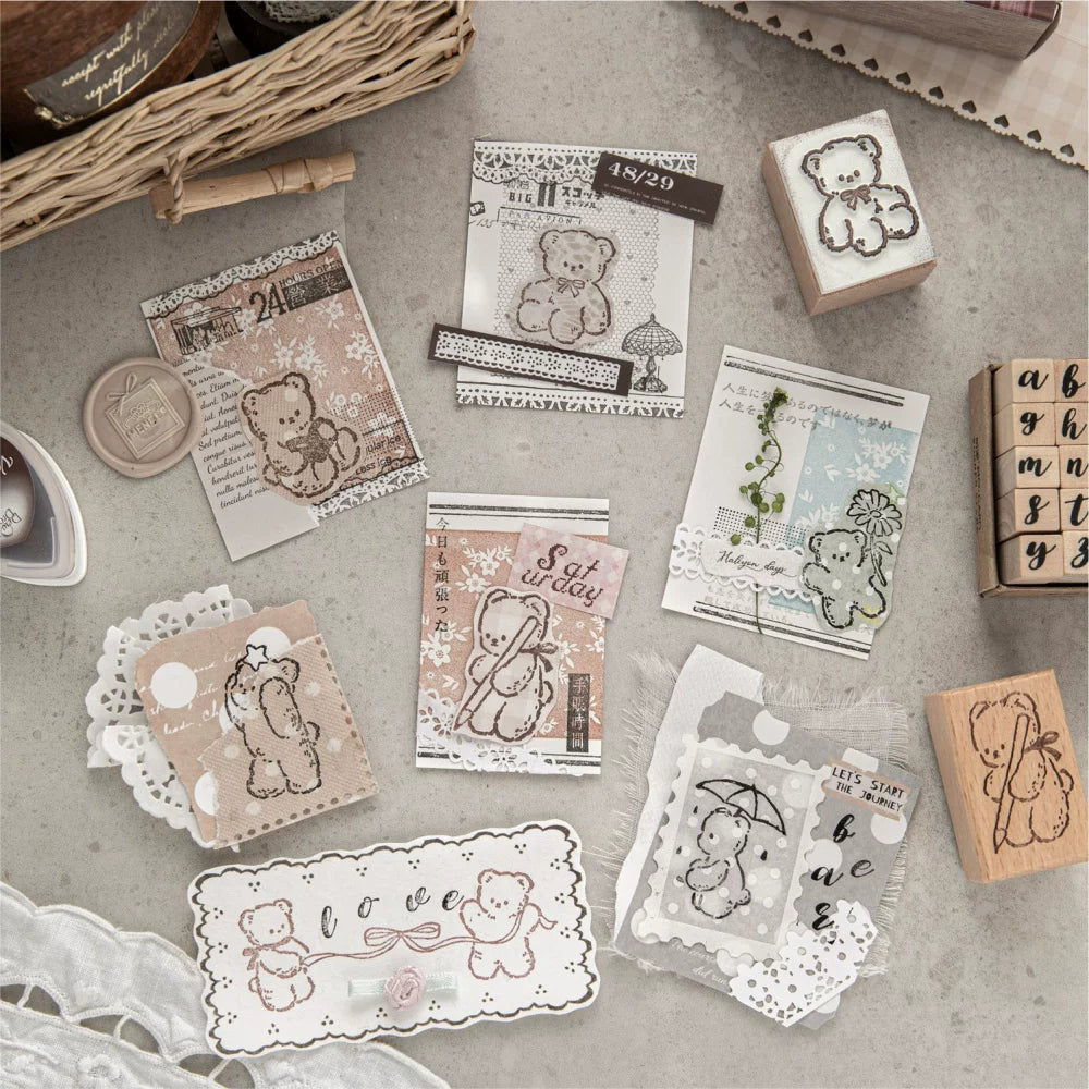 Bear-themed wooden rubber stamp product presentation