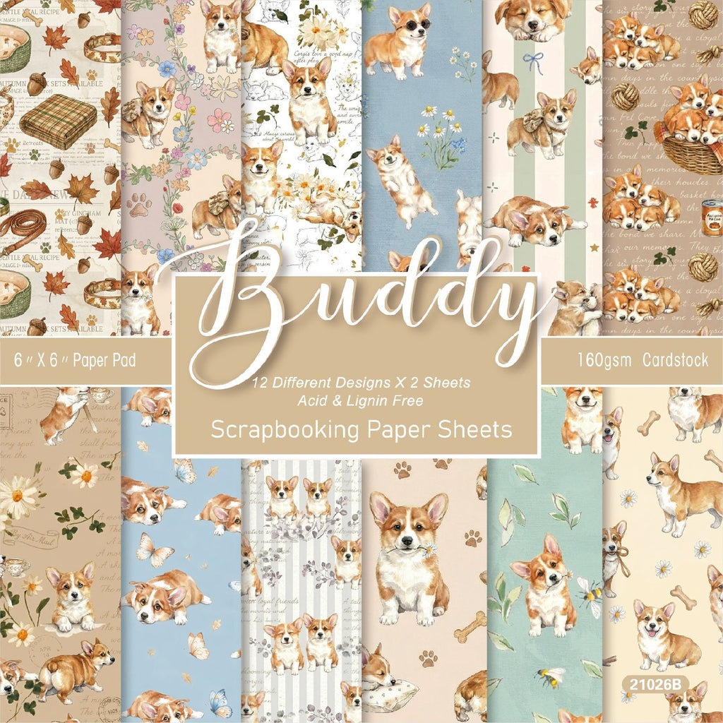 Buddy corgi scrapbook paper pad cover with coordinated dog patterns