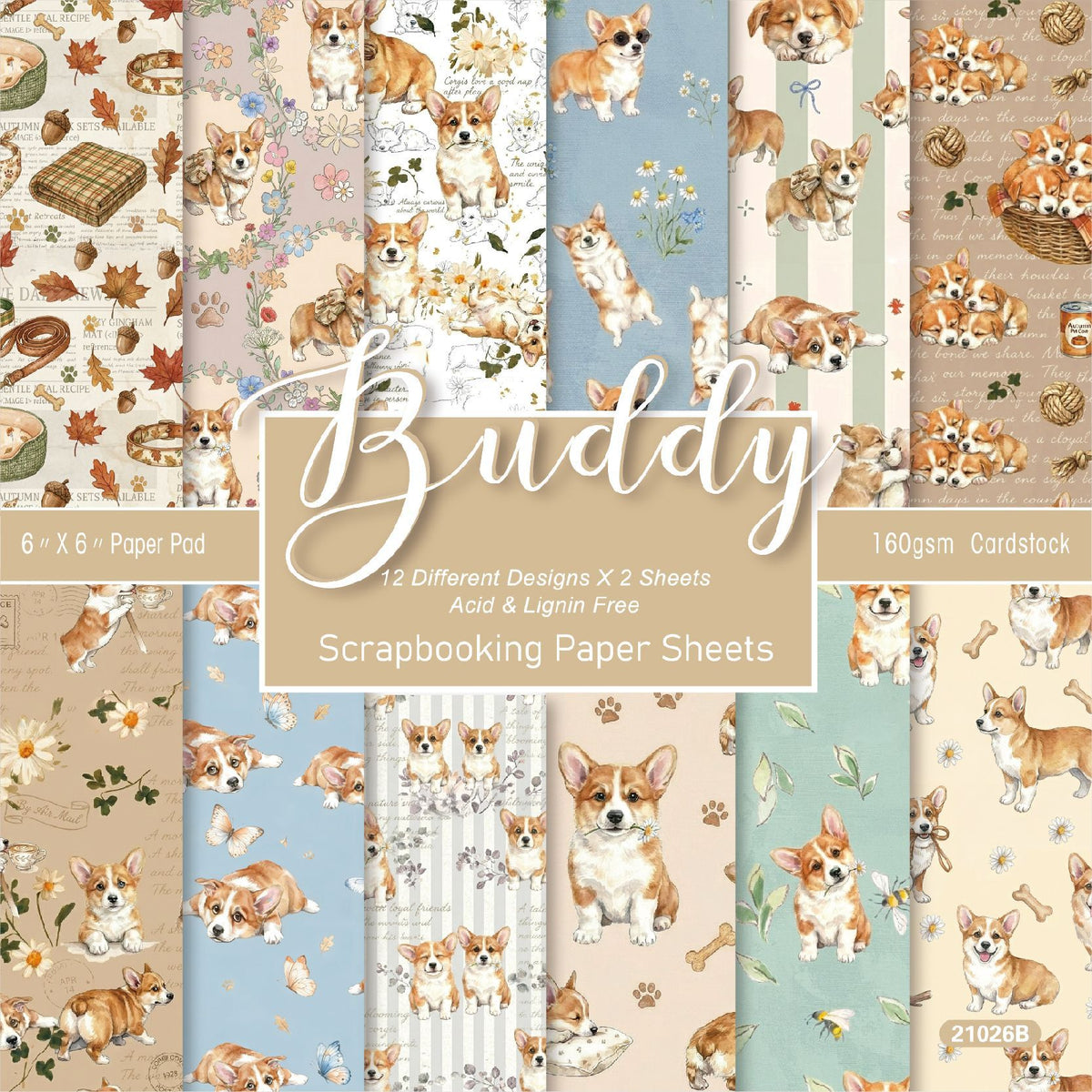Buddy corgi scrapbook paper pad cover with coordinated dog patterns