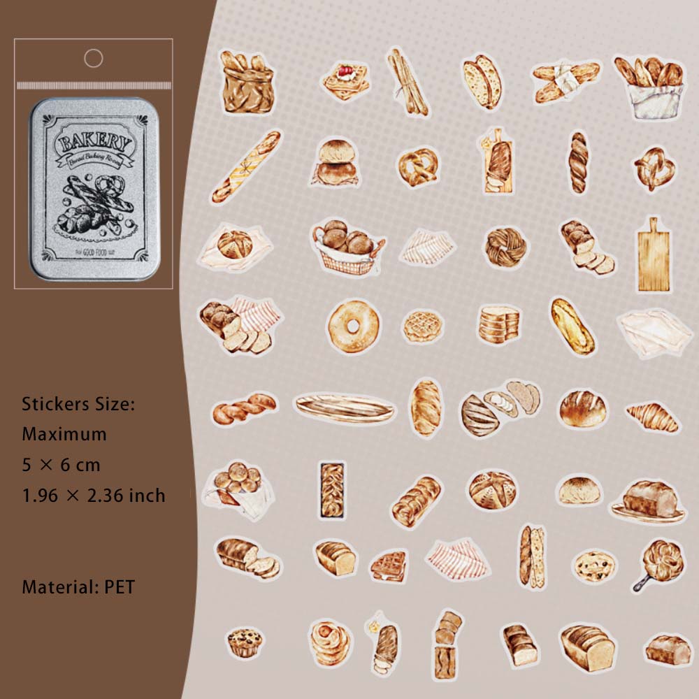 100 Pcs Bread Dessert PET Stickers with Collection Box MBHBS