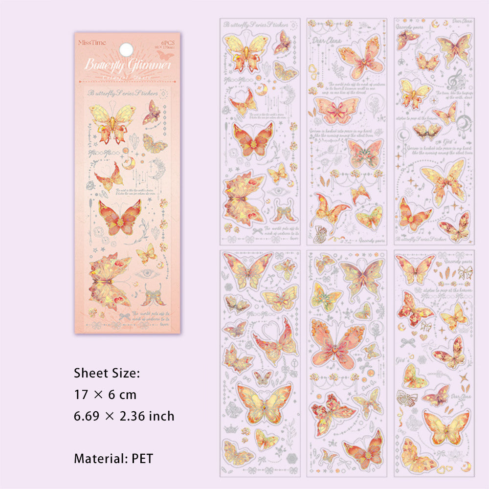 6 Sheet Glitter PET Butterfly Stickers DYLG