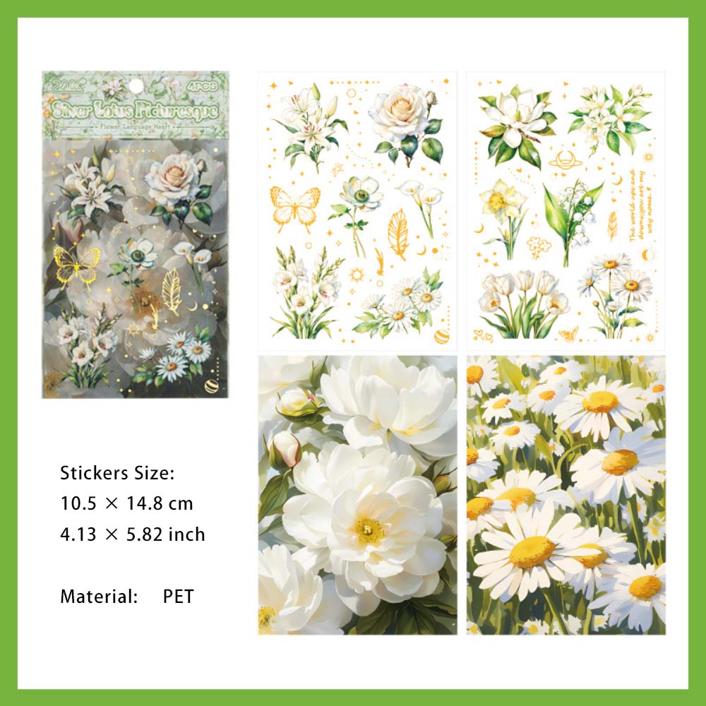 4 Sheets PET Flower Stickers HYXF