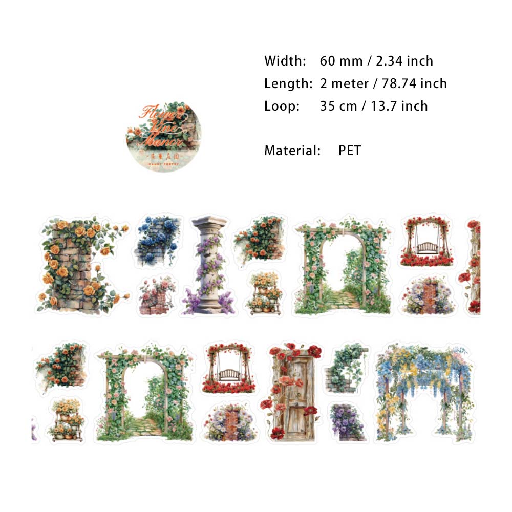 1 Roll Garden Flower Pre-cut PET Stickers Tape LMHY