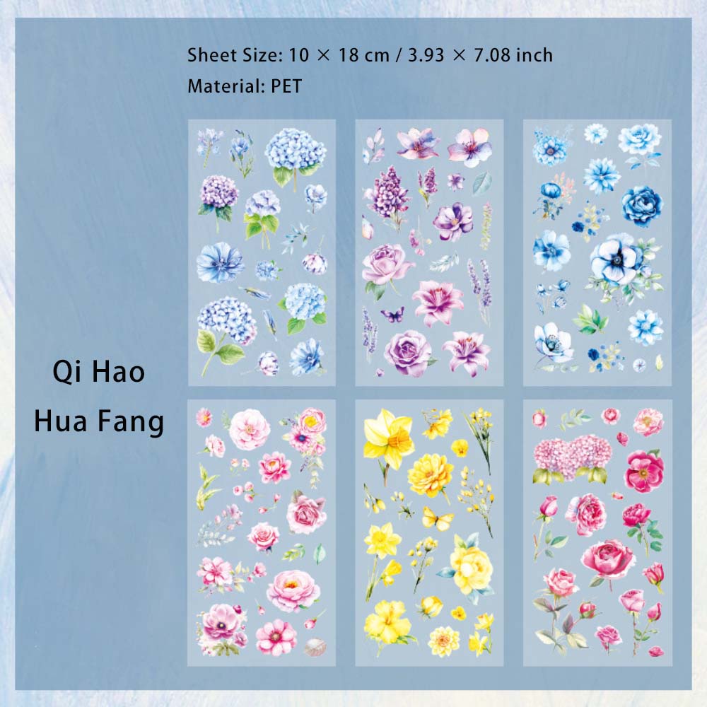 6 Sheets Flowers Leaf PET Stickers QHHF