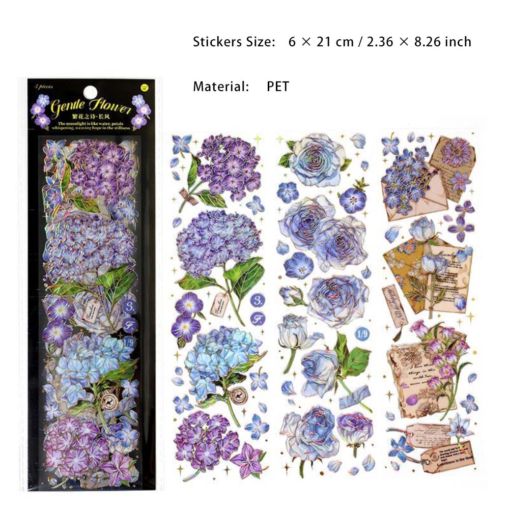 3 Sheets Flower PET Stickers Tape FHZS