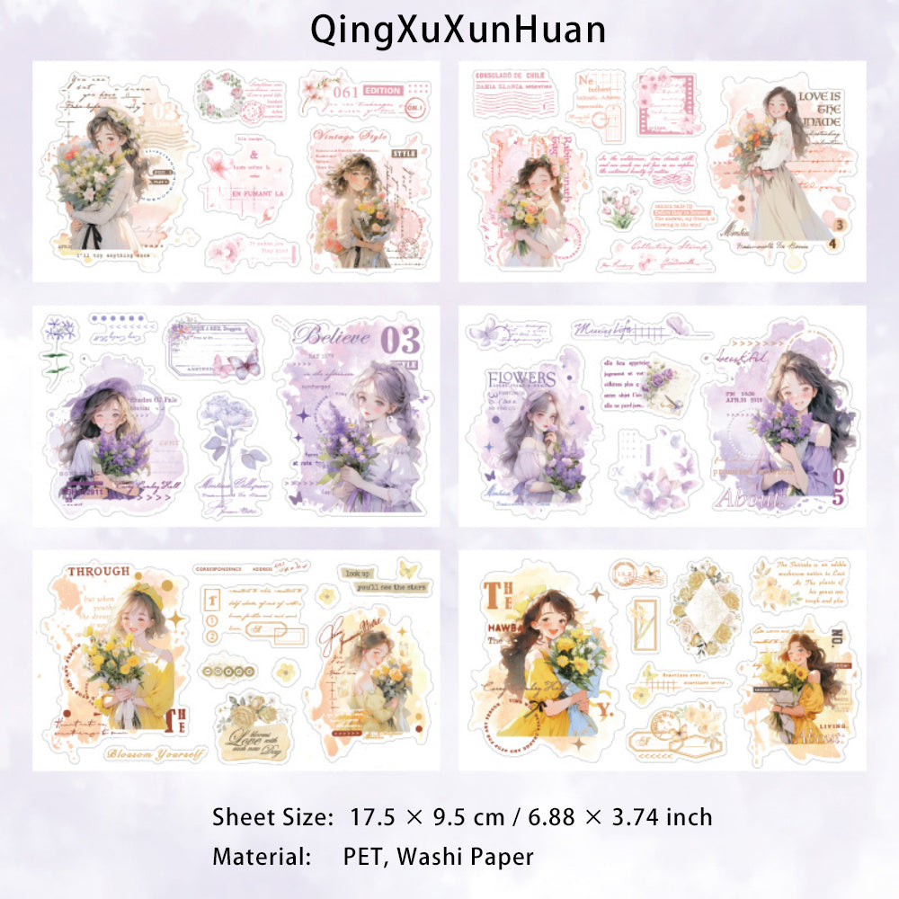 12 Sheets Girl Flower PET and Washi Stickers DFCRQ