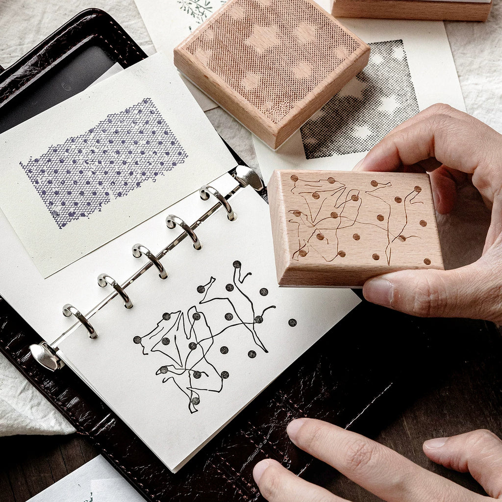 Wood-mounted abstract stamp size and detail view