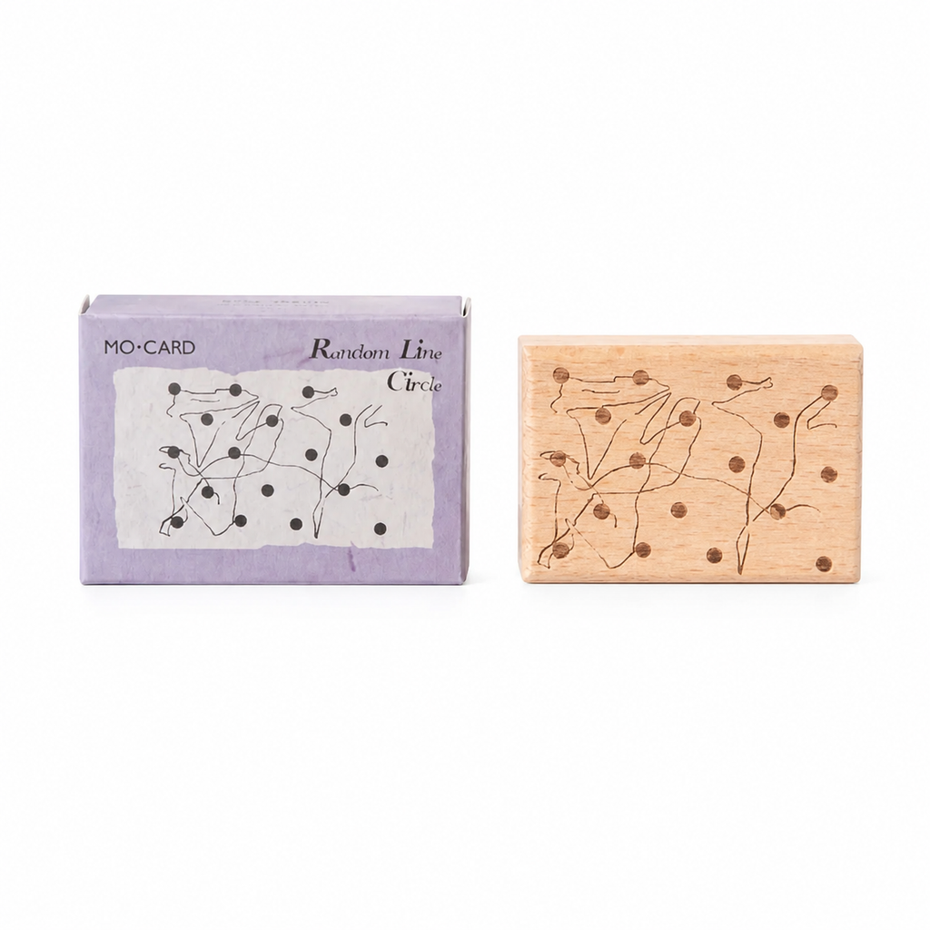 Chaotic coils wooden rubber stamp with retail box on white background