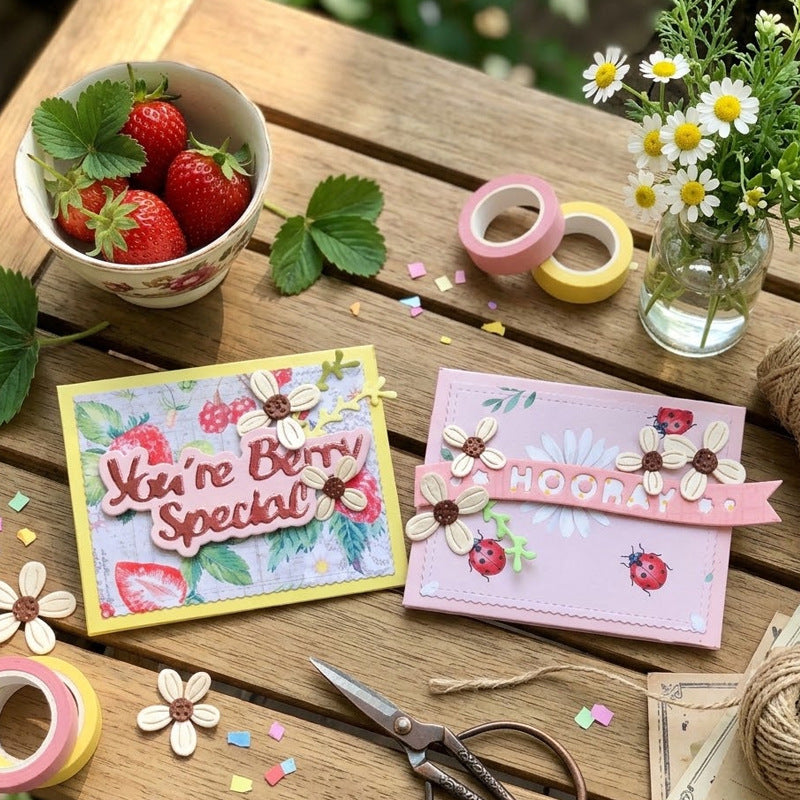 Example floral greeting cards with script sentiments and a banner; finished crafts and props not included