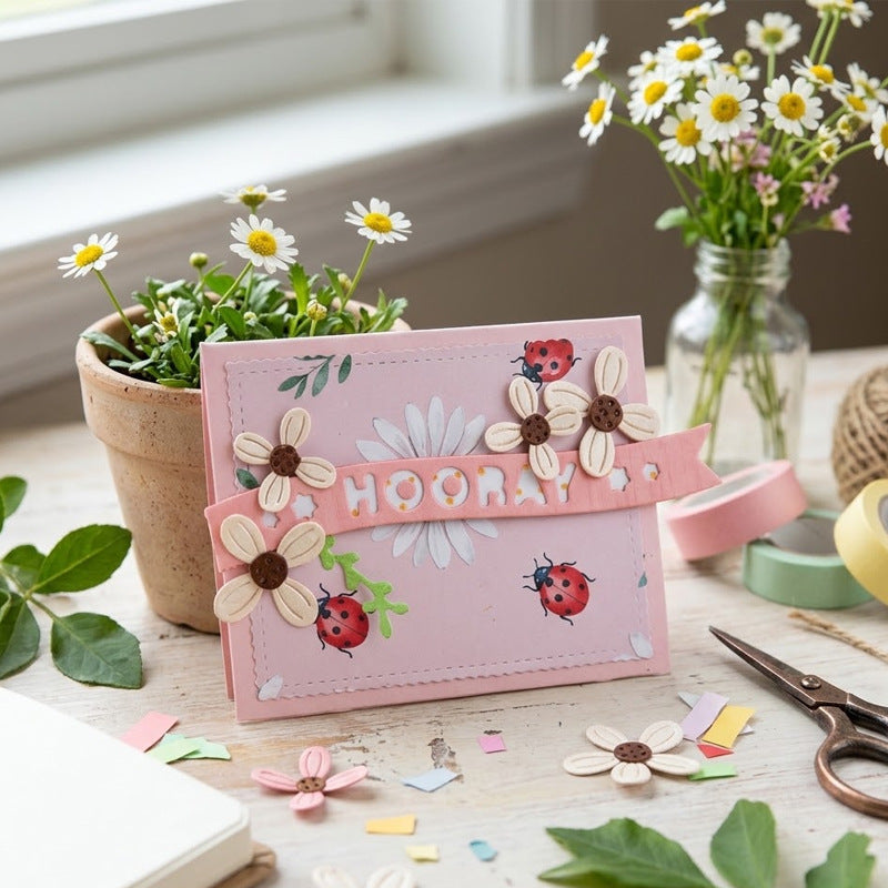 Example pink floral card with a Hooray banner; finished craft and props not included