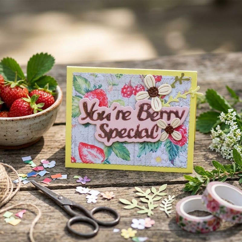 Example berry-themed card with script sentiment and flowers; finished craft and props not included