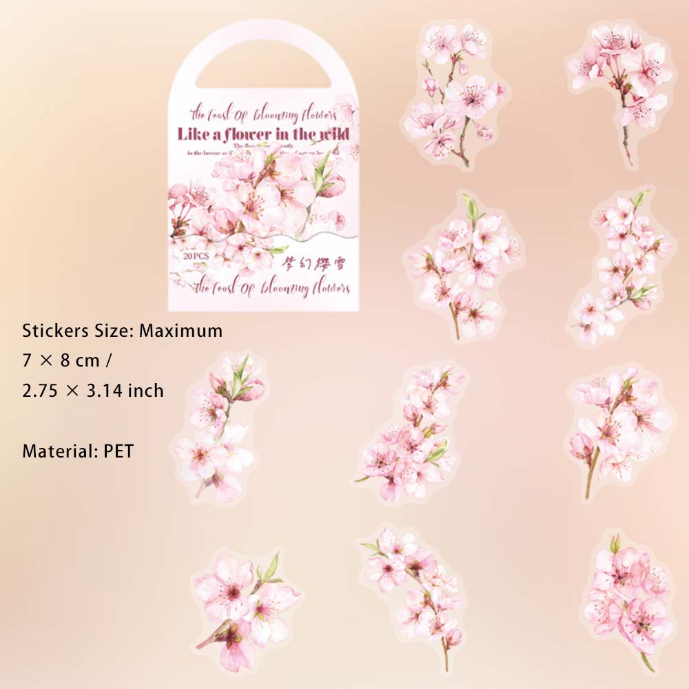 20 Pcs Pink Vine Flower PET Stickers FHSY