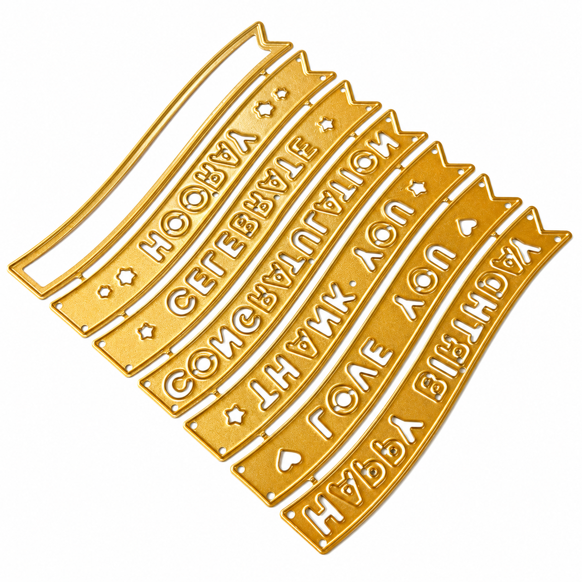 Gold metal greeting banner cutting dies on a white background