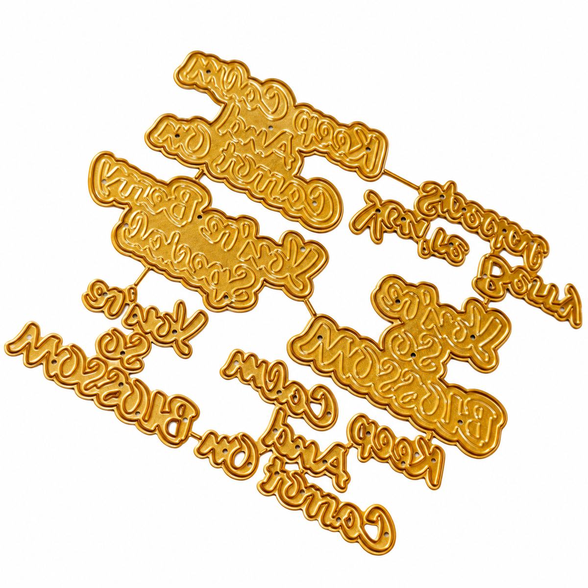 Gold metal script sentiment cutting dies on a white background