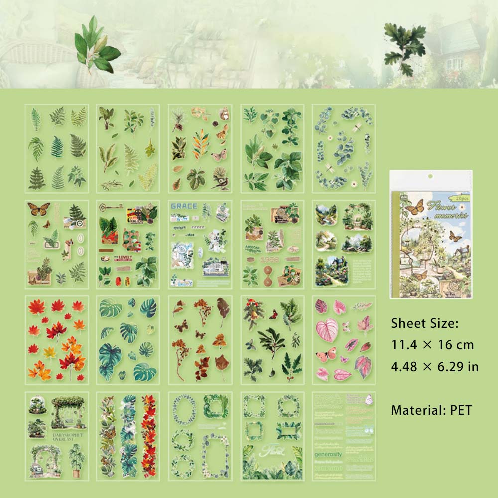 20 Sheets Botanical Flower PET Stickers Book ZXHY