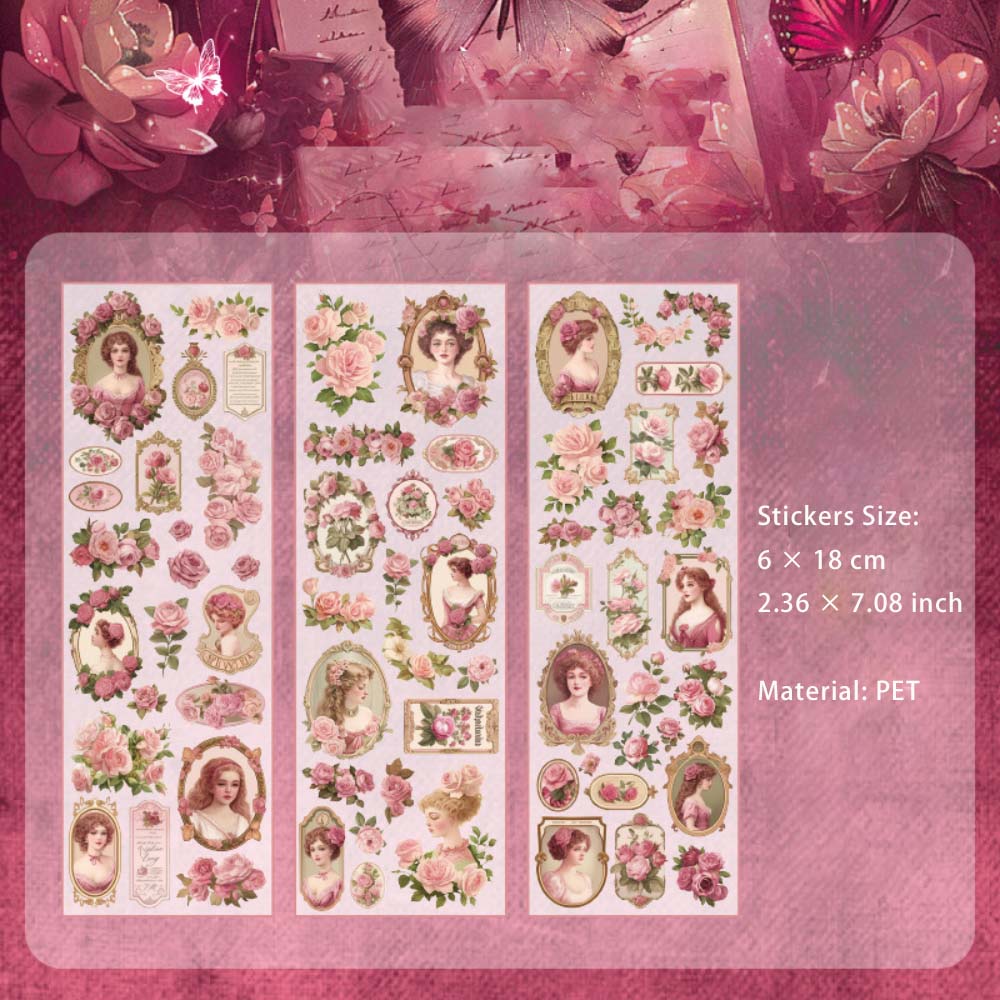 3 Sheets Rose and Lady PET Stickers QWZJ