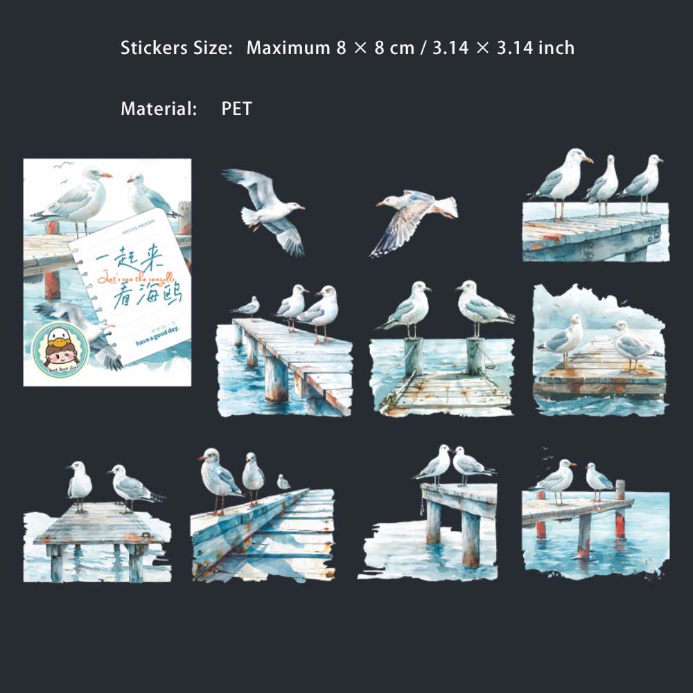 10 Pcs Glitter Seagull PET Stickers YQKHO