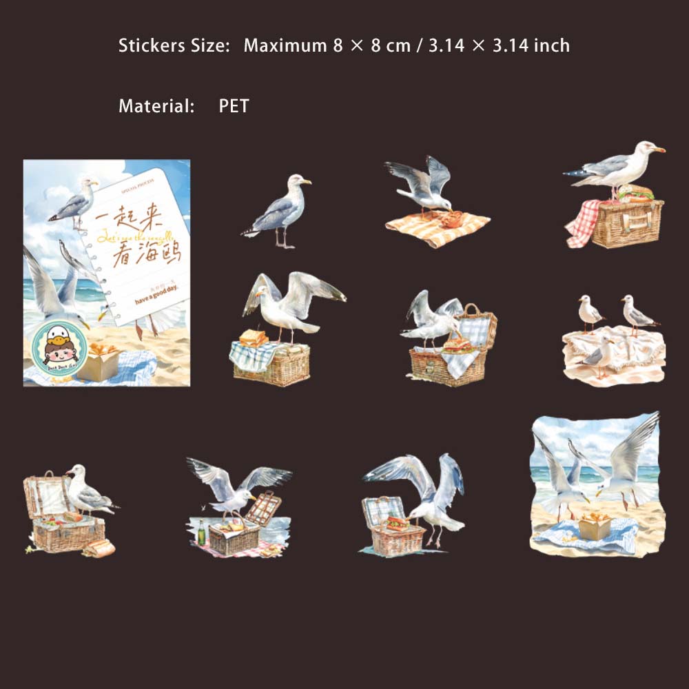 10 Pcs Glitter Seagull PET Stickers YQKHO