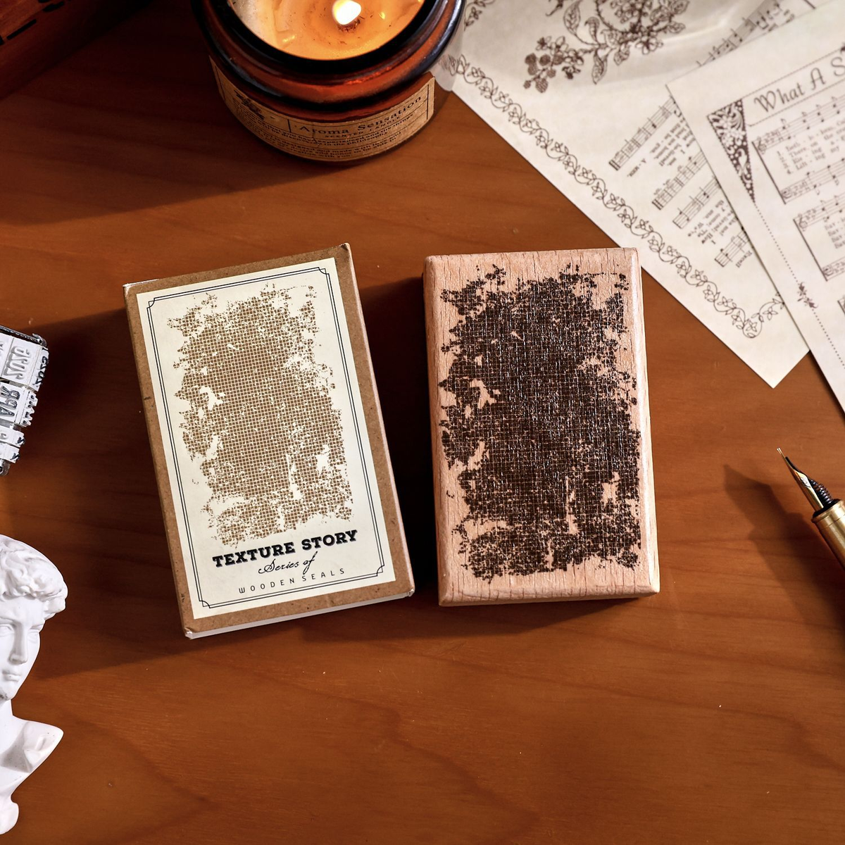 Distressed Woven Texture Wooden Stamp with its packaging in the original styled photograph