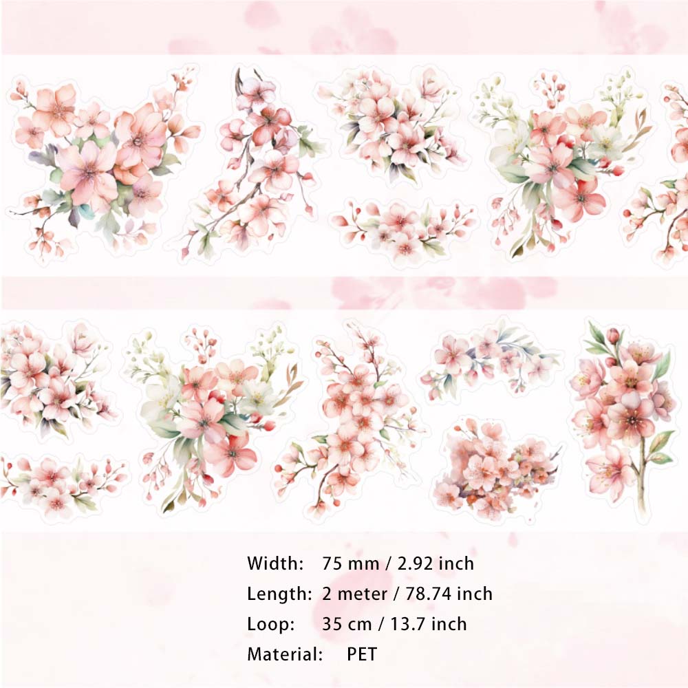 1 Roll Pre-cut Sakura Cheery Blossom PET Stickers Tape XDYJ