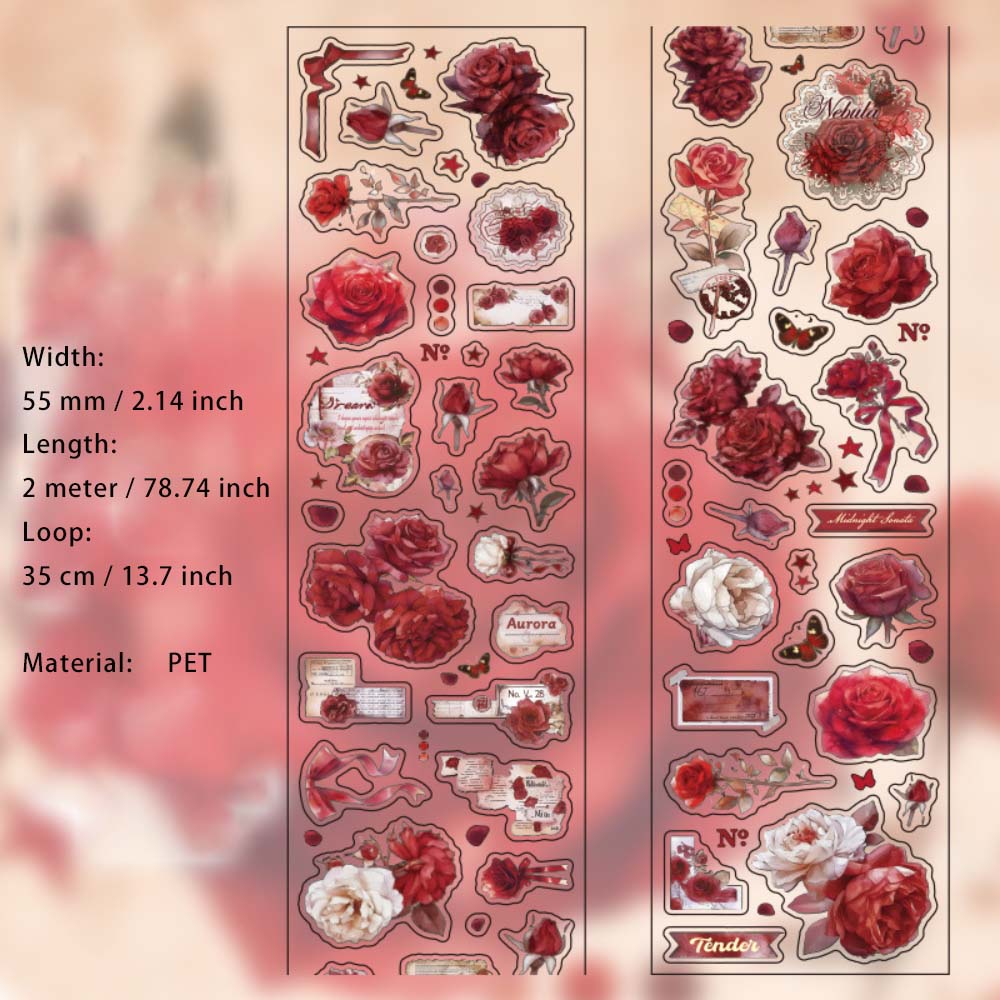 1 Roll Rose Theme Pre-cut PET Stickers Tape MGD