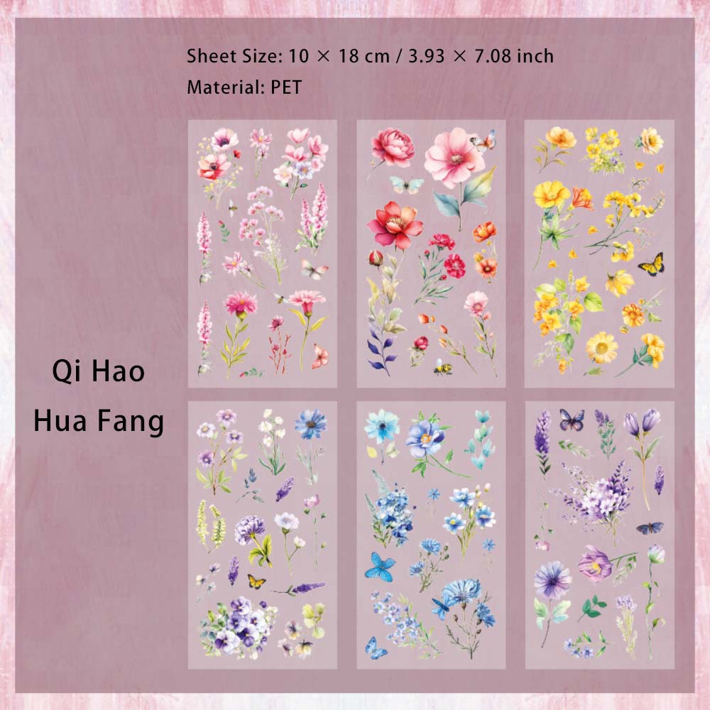 6 Sheets Flowers Leaf PET Stickers QHHF