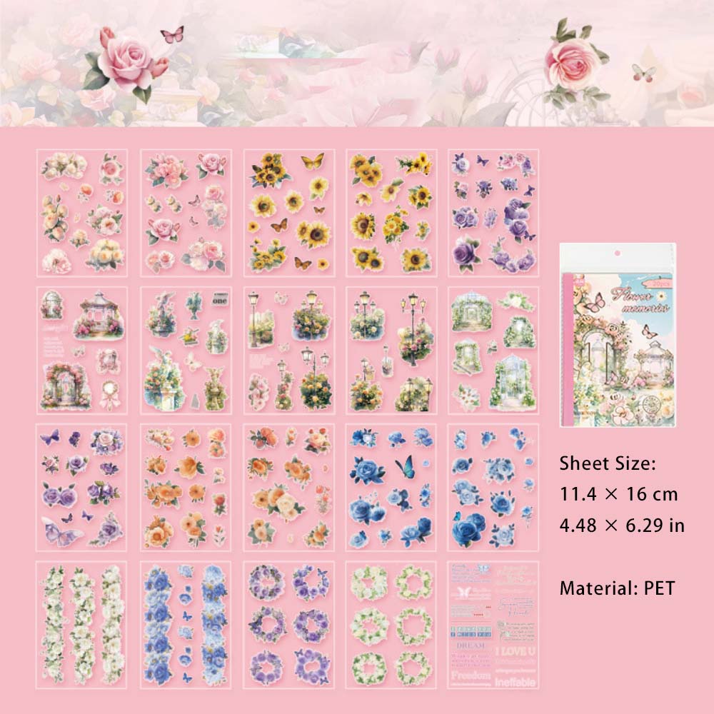 20 Sheets Botanical Flower PET Stickers Book ZXHY