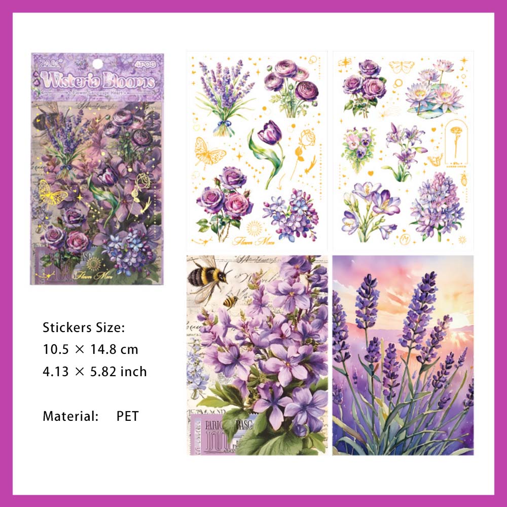 4 Sheets PET Flower Stickers HYXF