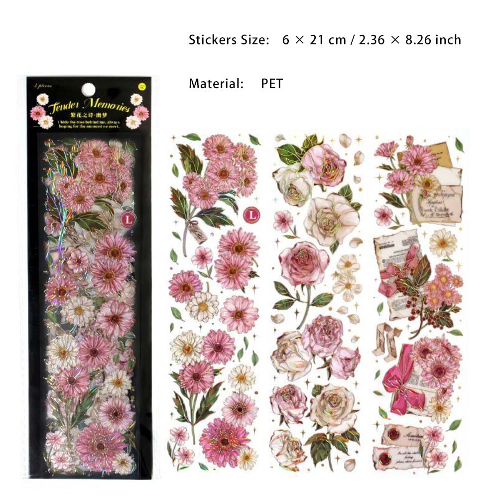 3 Sheets Flower PET Stickers Tape FHZS