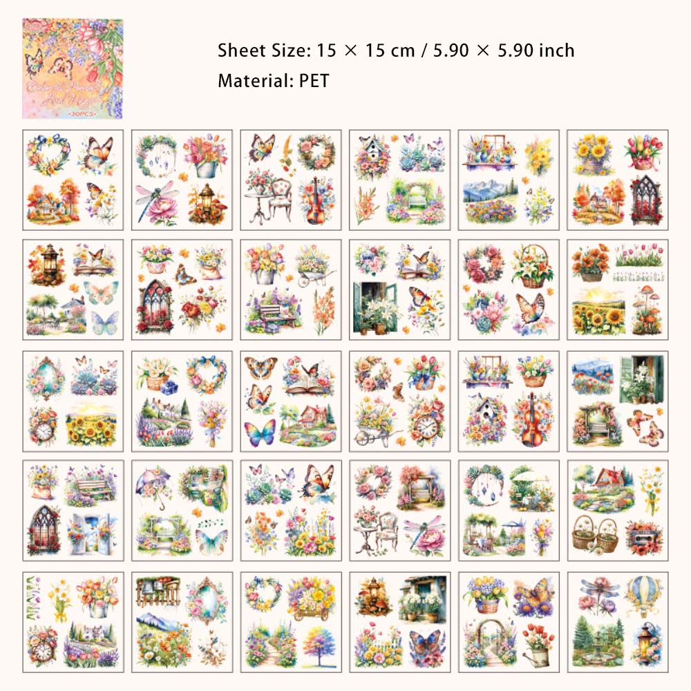 30 Sheets Garden Flower PET Stickers Book WSSL