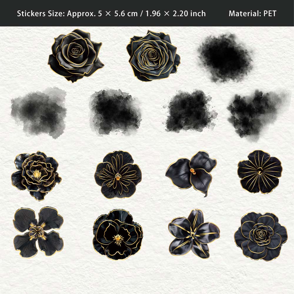 30 Pcs Gilitter Black Flower PET Stickers YSXL