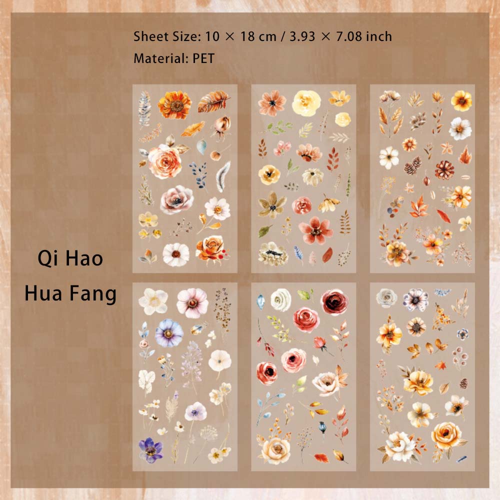 6 Sheets Flowers Leaf PET Stickers QHHF