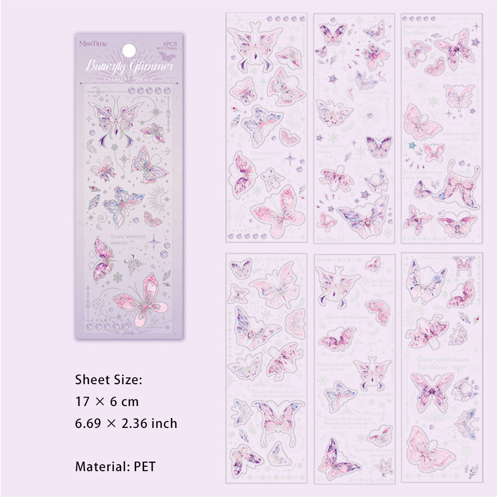 6 Sheet Glitter PET Butterfly Stickers DYLG