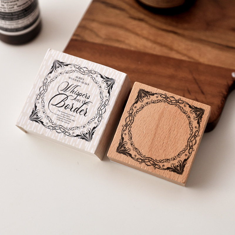 Filigree Square Frame Wooden Stamp with packaging in the original photograph