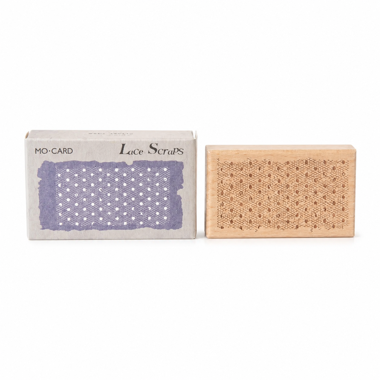 Lace fabric wooden rubber stamp with retail box on white background