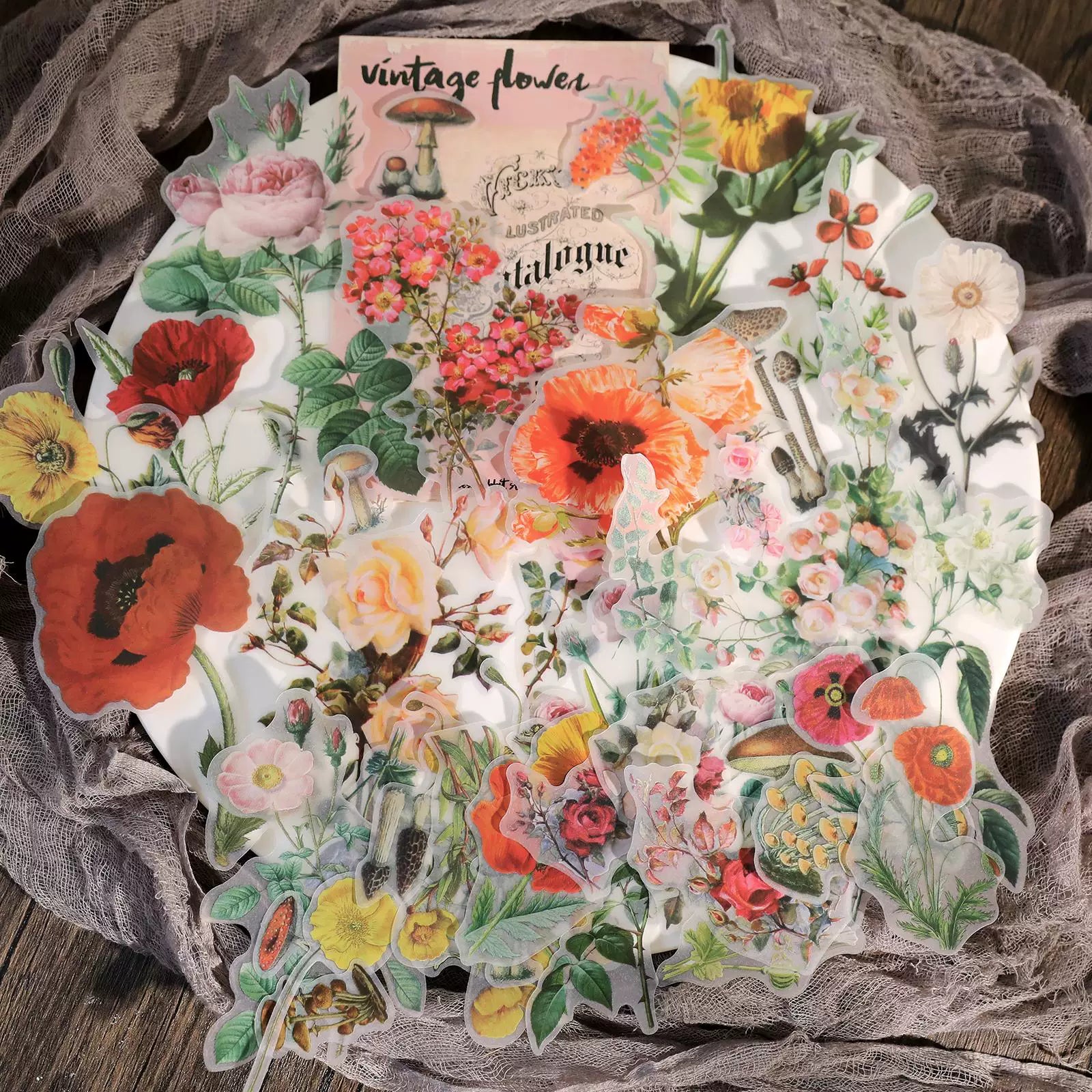 Large vintage floral and mushroom self-adhesive vellum scrapbook stickers 1