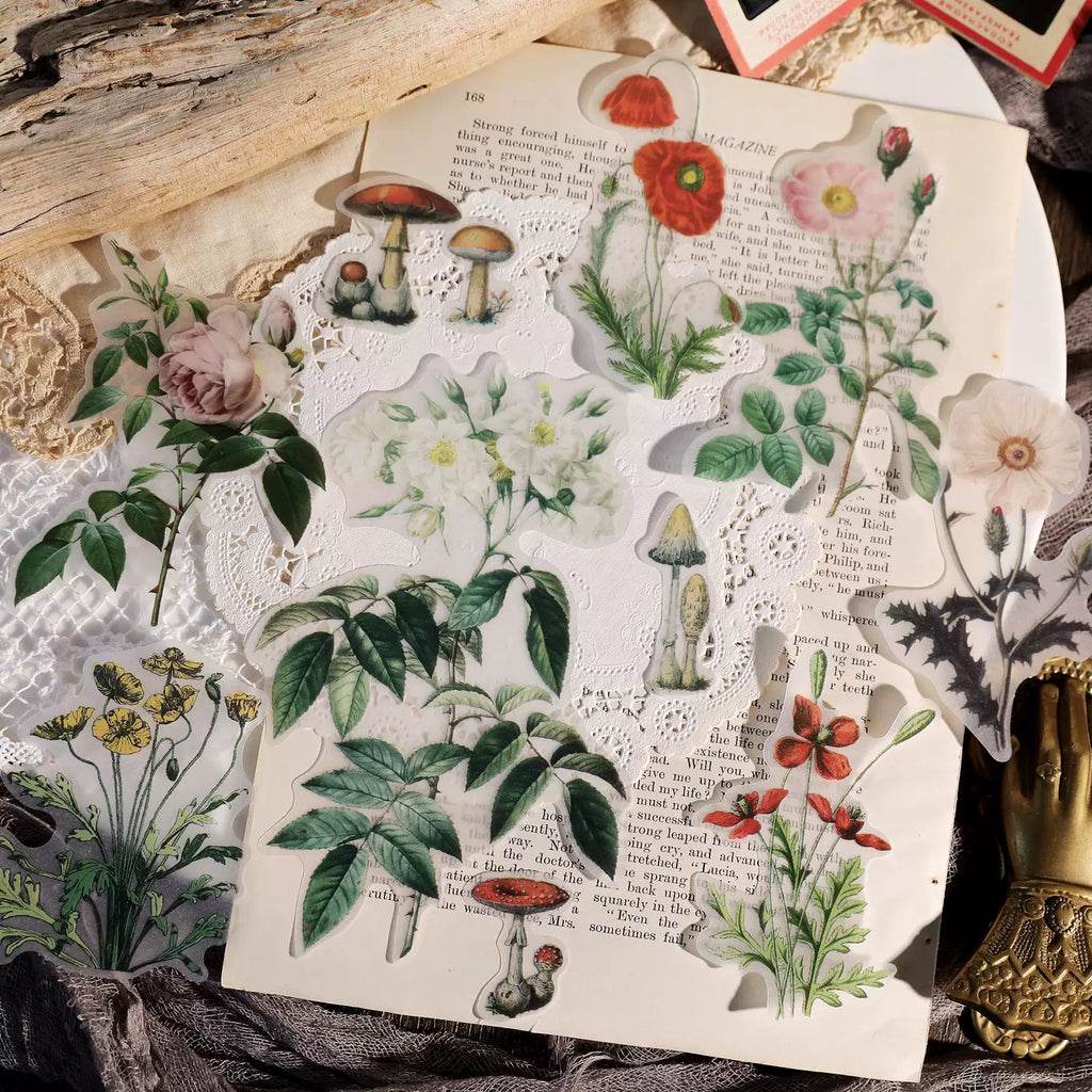 Large vintage floral and mushroom self-adhesive vellum scrapbook stickers 3